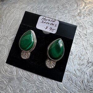 Navajo Harold J Stevens Native Malachite Teardrop Earrings